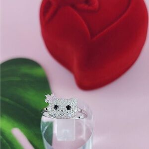 Silver Cat Face Ring with Pink Bow